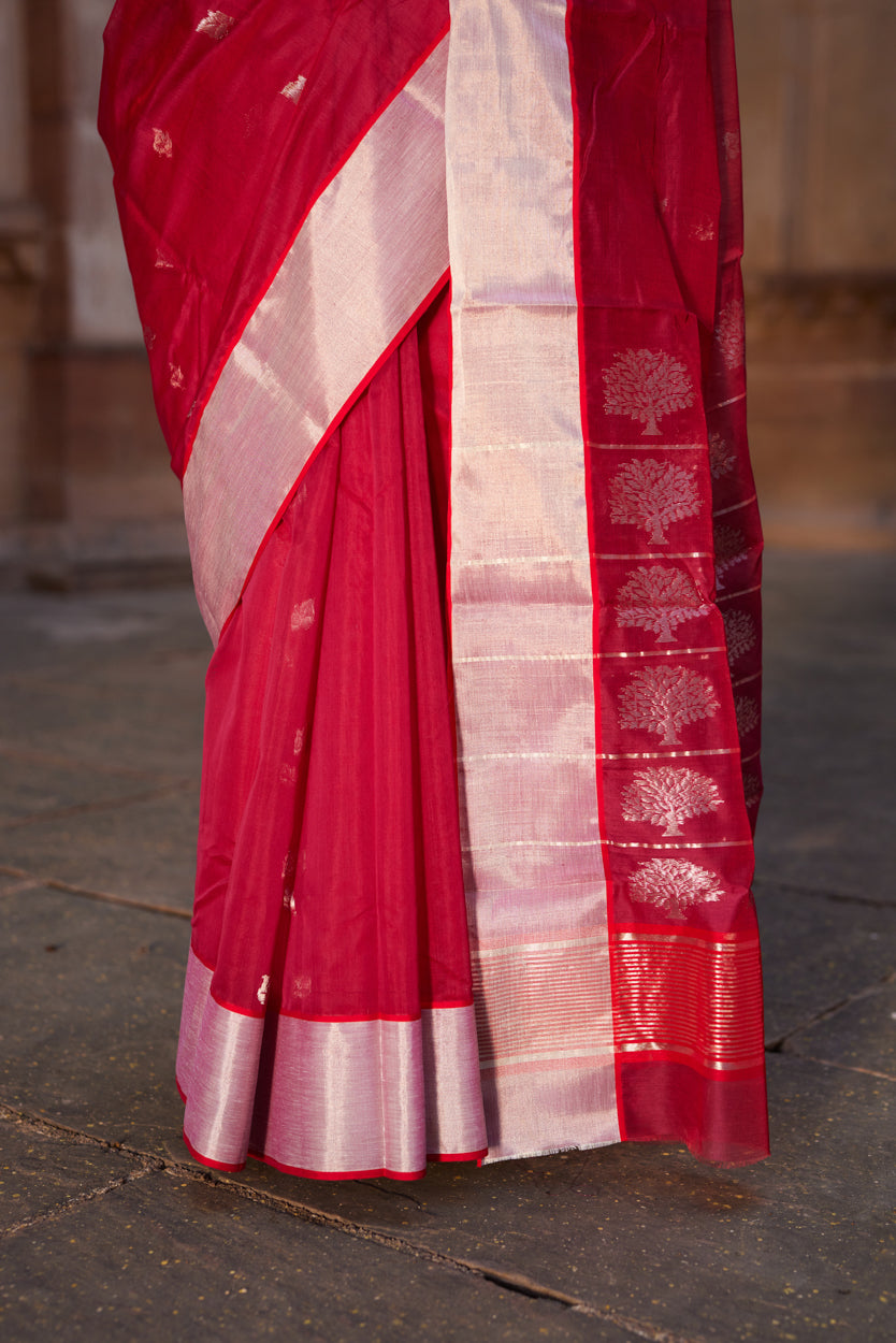 Surkh Shabnami Silk Chanderi Saree