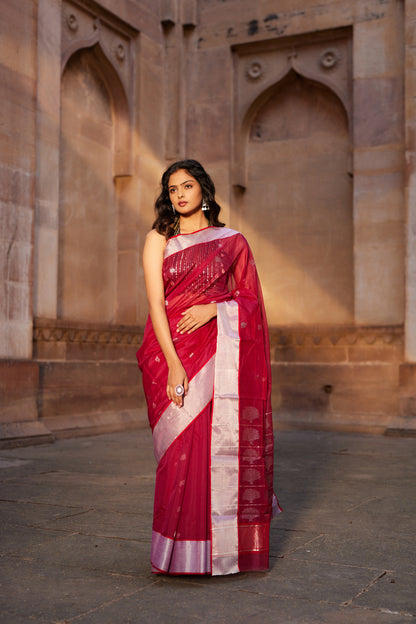 Surkh Shabnami Silk Chanderi Saree
