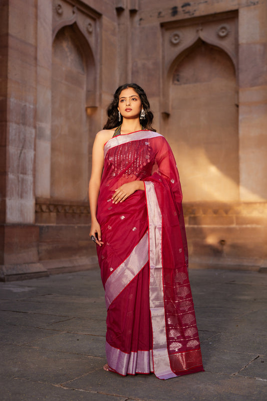 Surkh Shabnami Silk Chanderi Saree