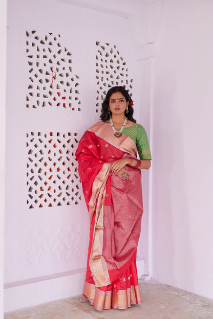 Surkh Ibadat Pattu Silk Chanderi Saree