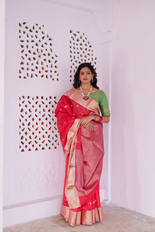 Surkh Ibadat Pattu Silk Chanderi Saree