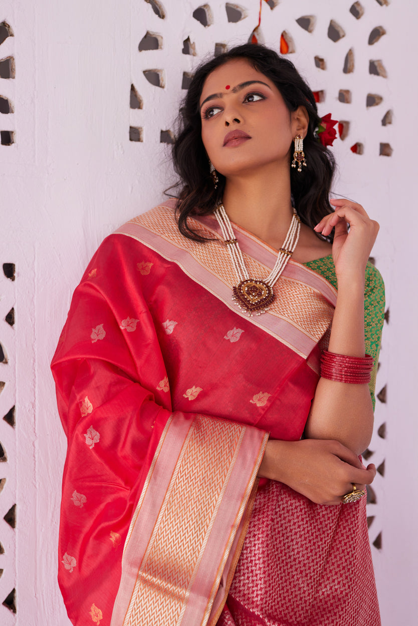 Surkh Ibadat Pattu Silk Chanderi Saree