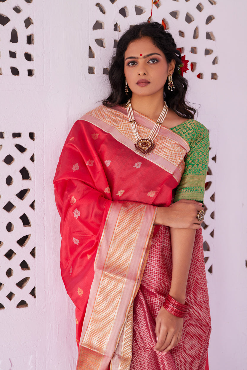 Surkh Ibadat Pattu Silk Chanderi Saree
