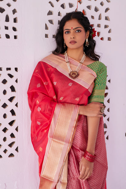Surkh Ibadat Pattu Silk Chanderi Saree