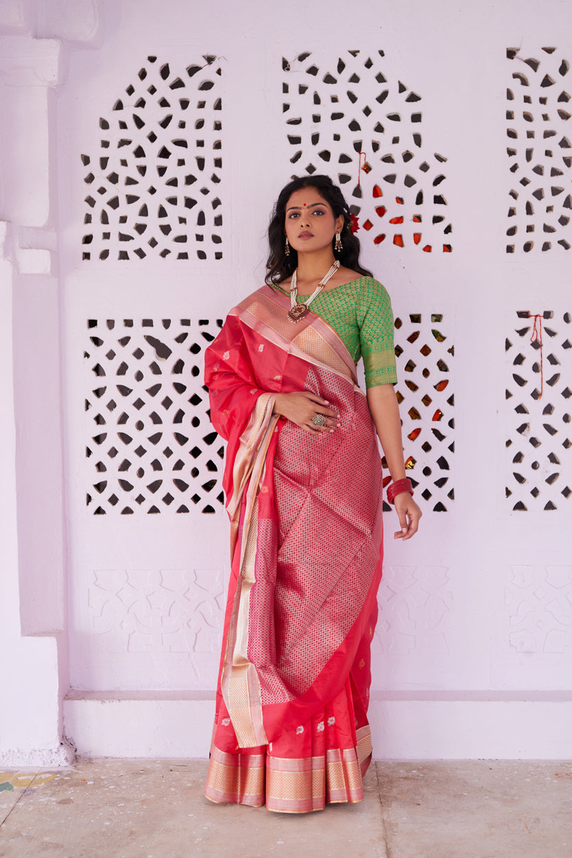 Surkh Ibadat Pattu Silk Chanderi Saree