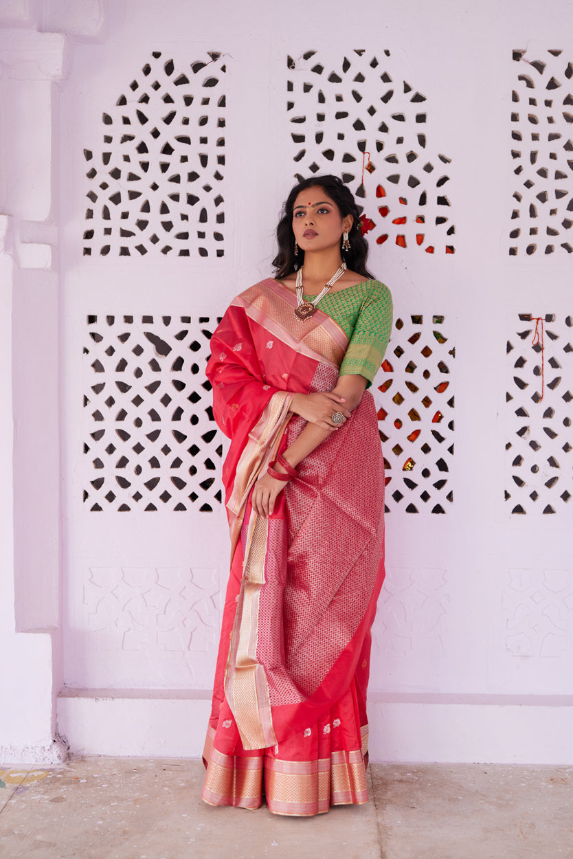 Surkh Ibadat Pattu Silk Chanderi Saree