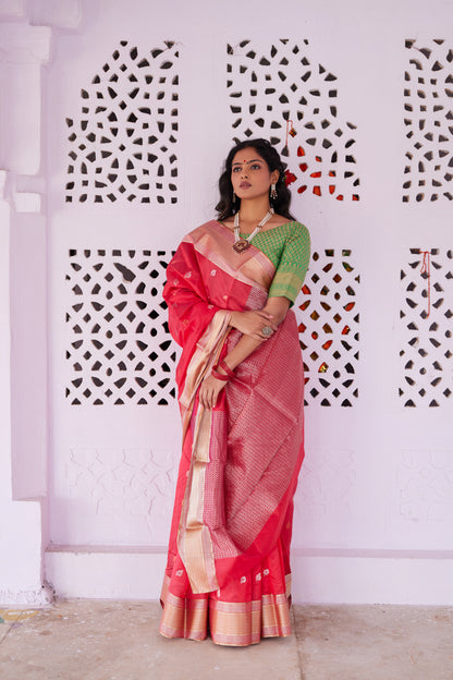 Surkh Ibadat Pattu Silk Chanderi Saree