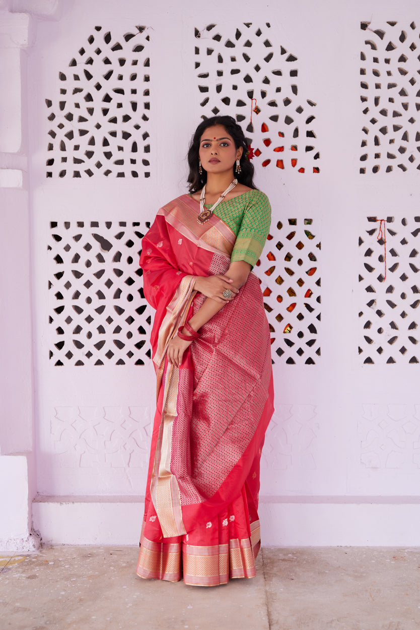 Surkh Ibadat Pattu Silk Chanderi Saree