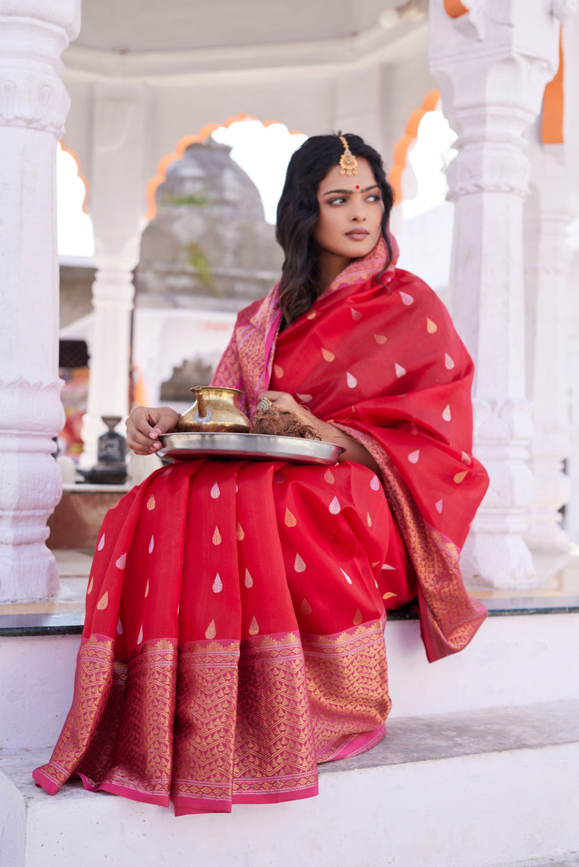 Surkh Dua Pattu Silk Chanderi Saree