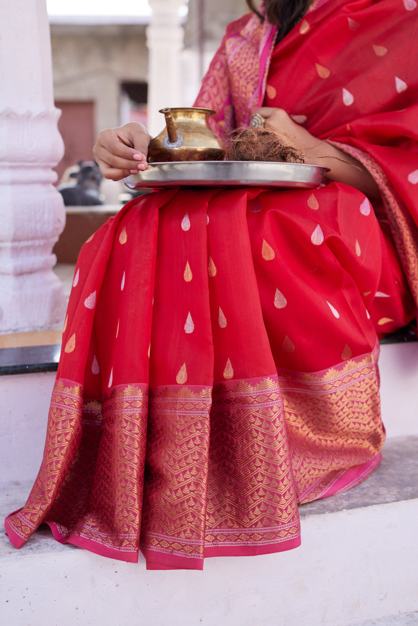 Surkh Dua Pattu Silk Chanderi Saree