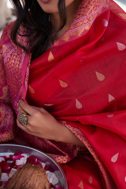 Surkh Dua Pattu Silk Chanderi Saree