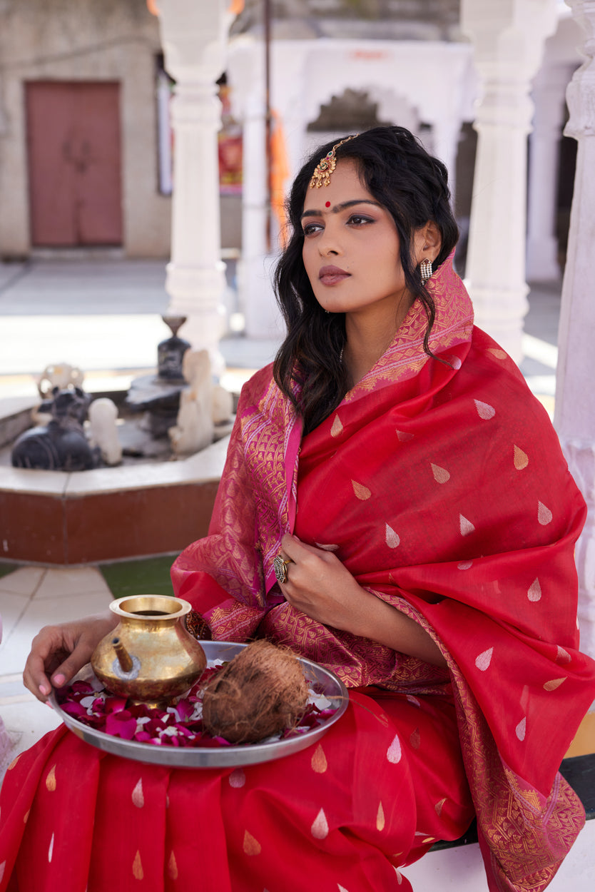 Surkh Dua Pattu Silk Chanderi Saree