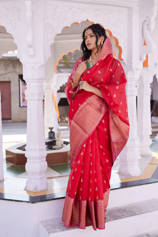 Surkh Dua Pattu Silk Chanderi Saree