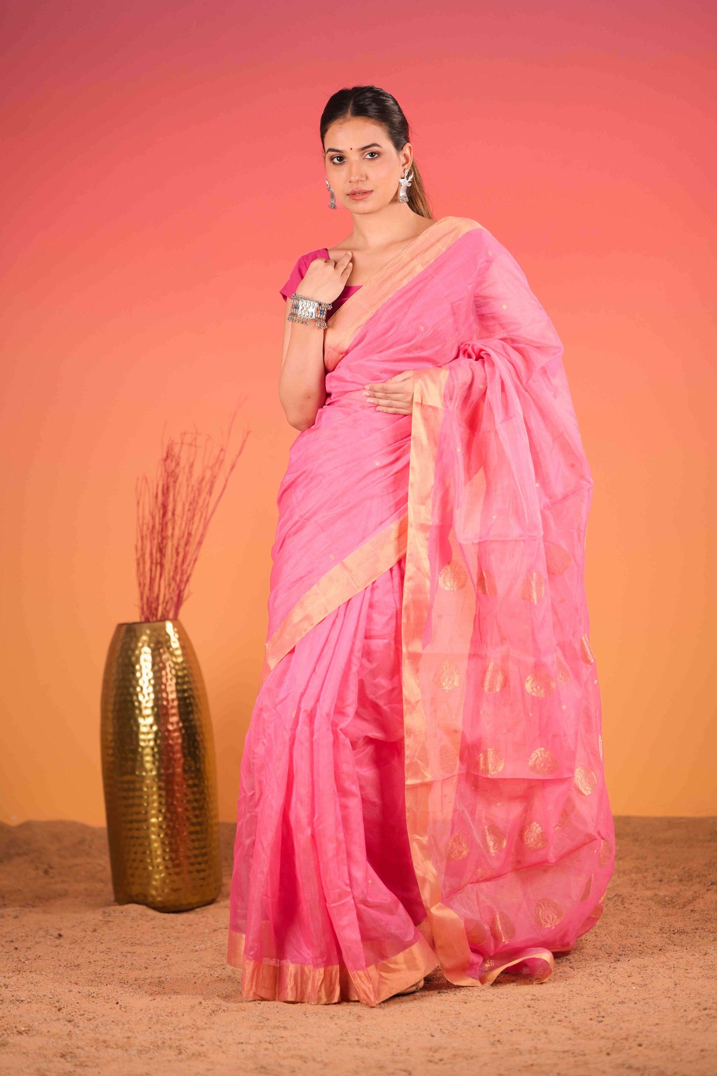 Gulabi Sunehri Chanderi Cotton Silk Saree