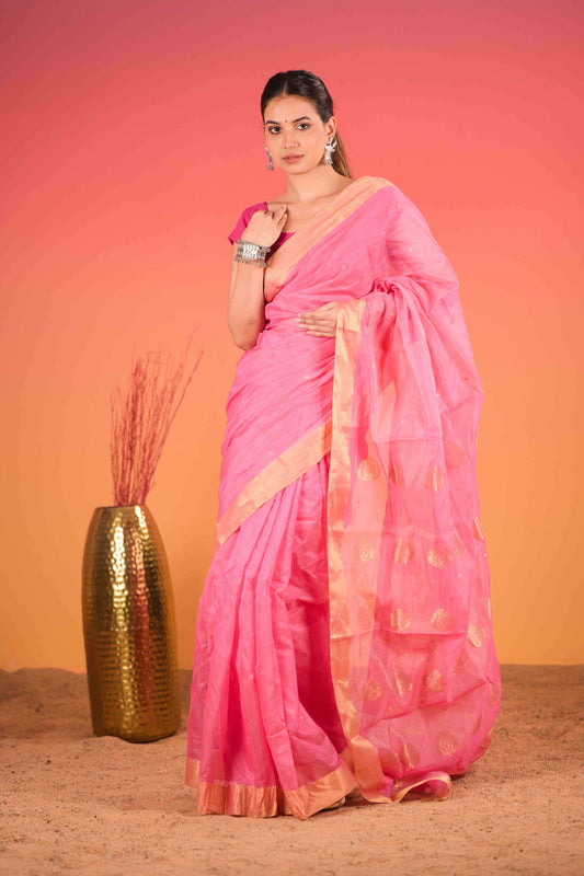 Gulabi Sunehri Chanderi Cotton Silk Saree
