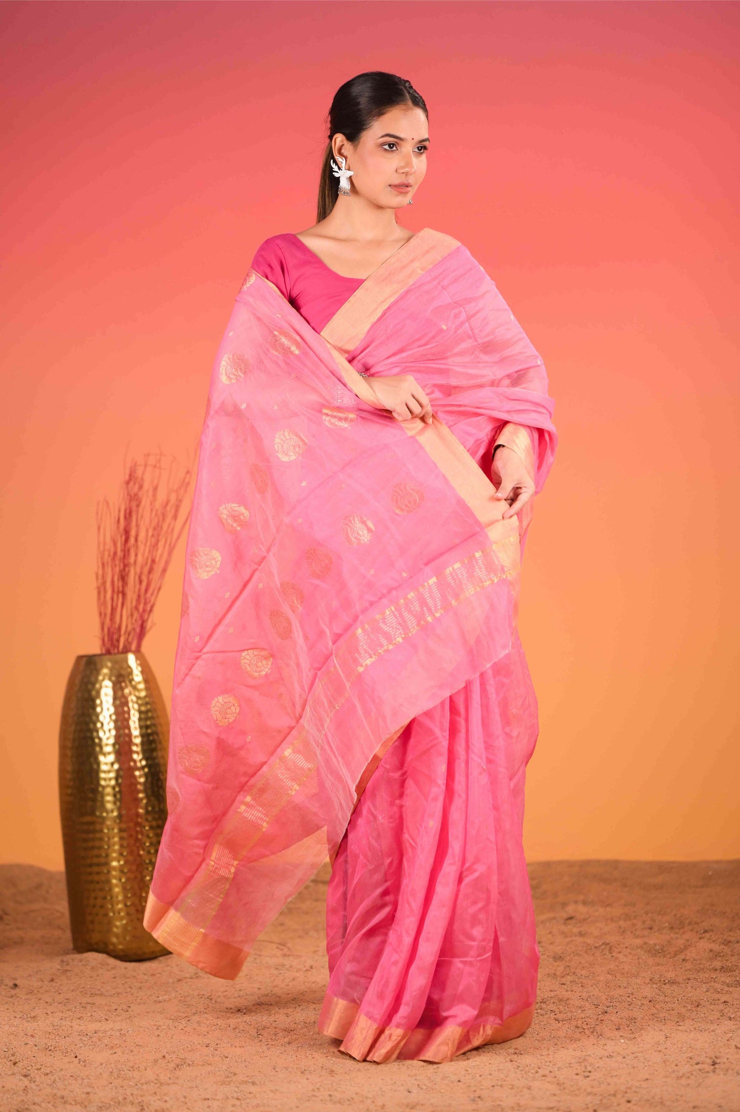 Gulabi Sunehri Chanderi Cotton Silk Saree