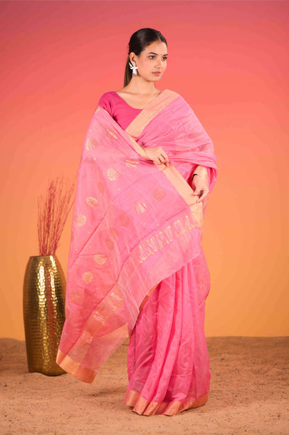 Gulabi Sunehri Chanderi Cotton Silk Saree