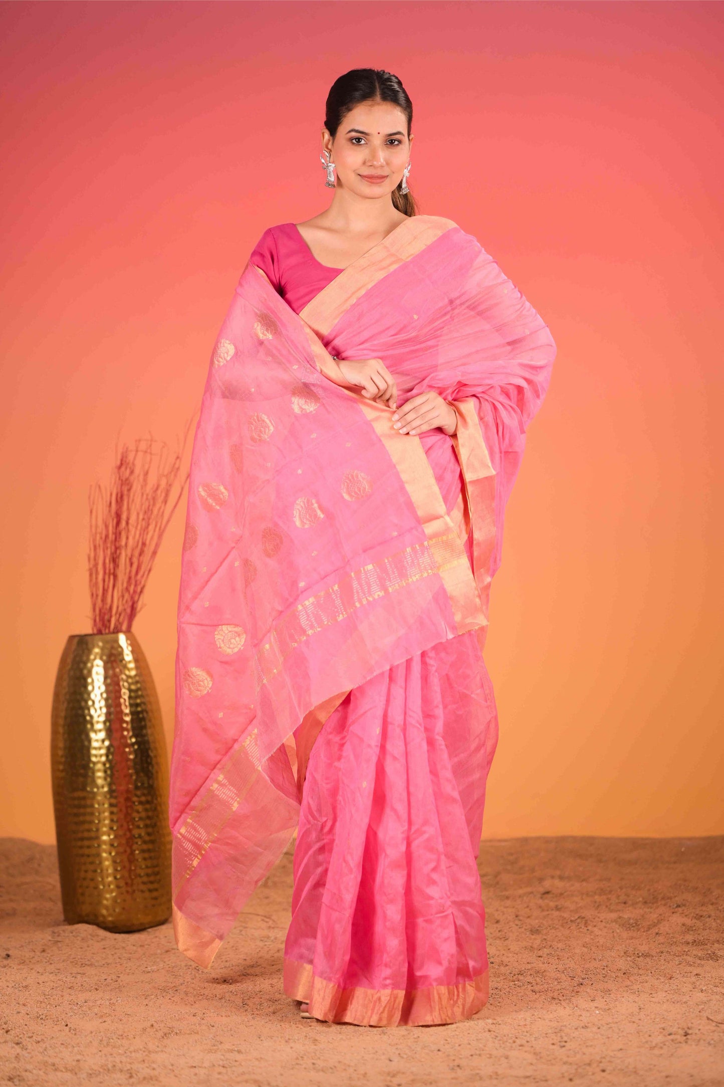 Gulabi Sunehri Chanderi Cotton Silk Saree