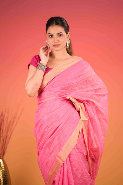Gulabi Sunehri Chanderi Cotton Silk Saree