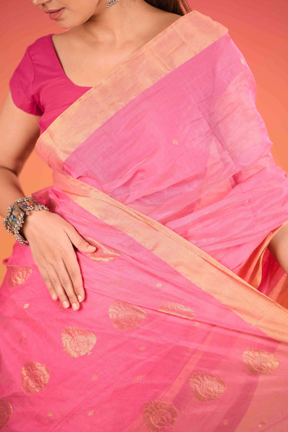 Gulabi Sunehri Chanderi Cotton Silk Saree