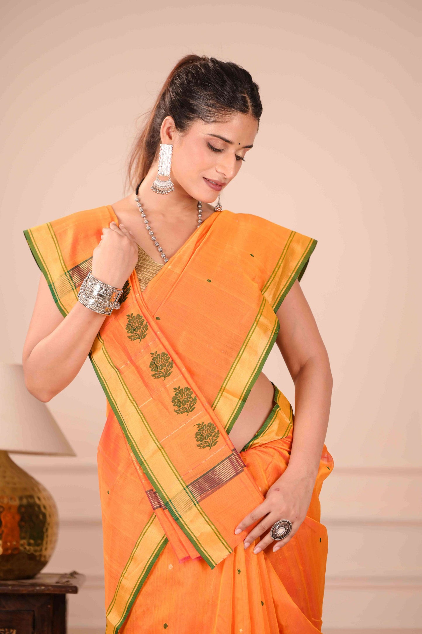 Narangi Puspa Chanderi Cotton Silk Saree