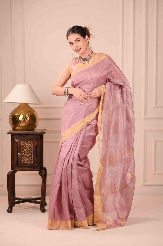 Gulabi Swarṇ Chanderi Cotton Silk Saree