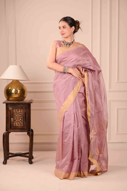 Gulabi Swarṇ Chanderi Cotton Silk Saree