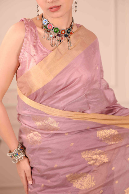 Gulabi Swarṇ Chanderi Cotton Silk Saree