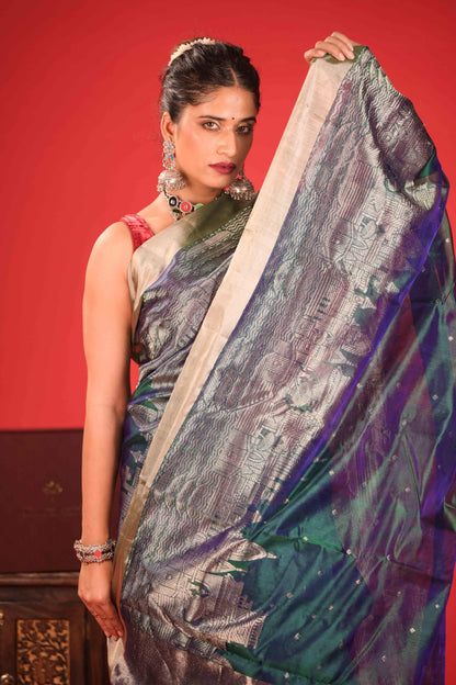 Neel Hari Ghat Chhaya Chanderi Pure Silk Saree