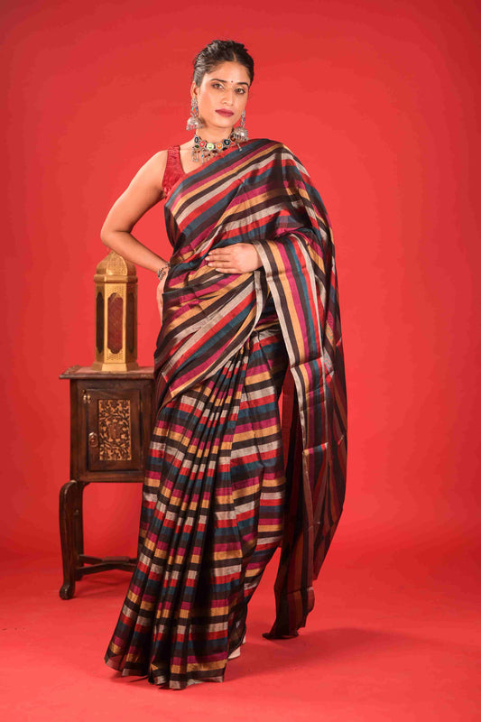 The Leheriya Chanderi Tissue Saree Black&Silver