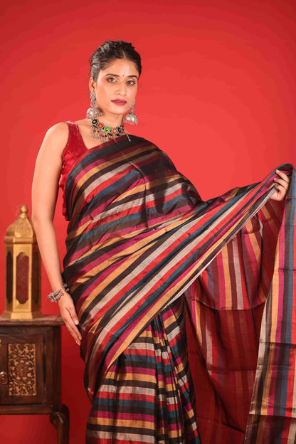 The Leheriya Chanderi Tissue Saree Black&Silver