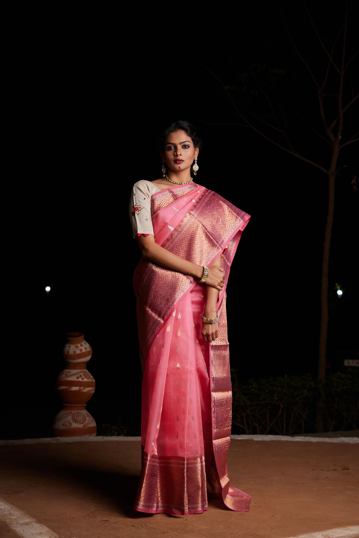Gulabi Noor Tilak Buti Pure Silk Chanderi Saree